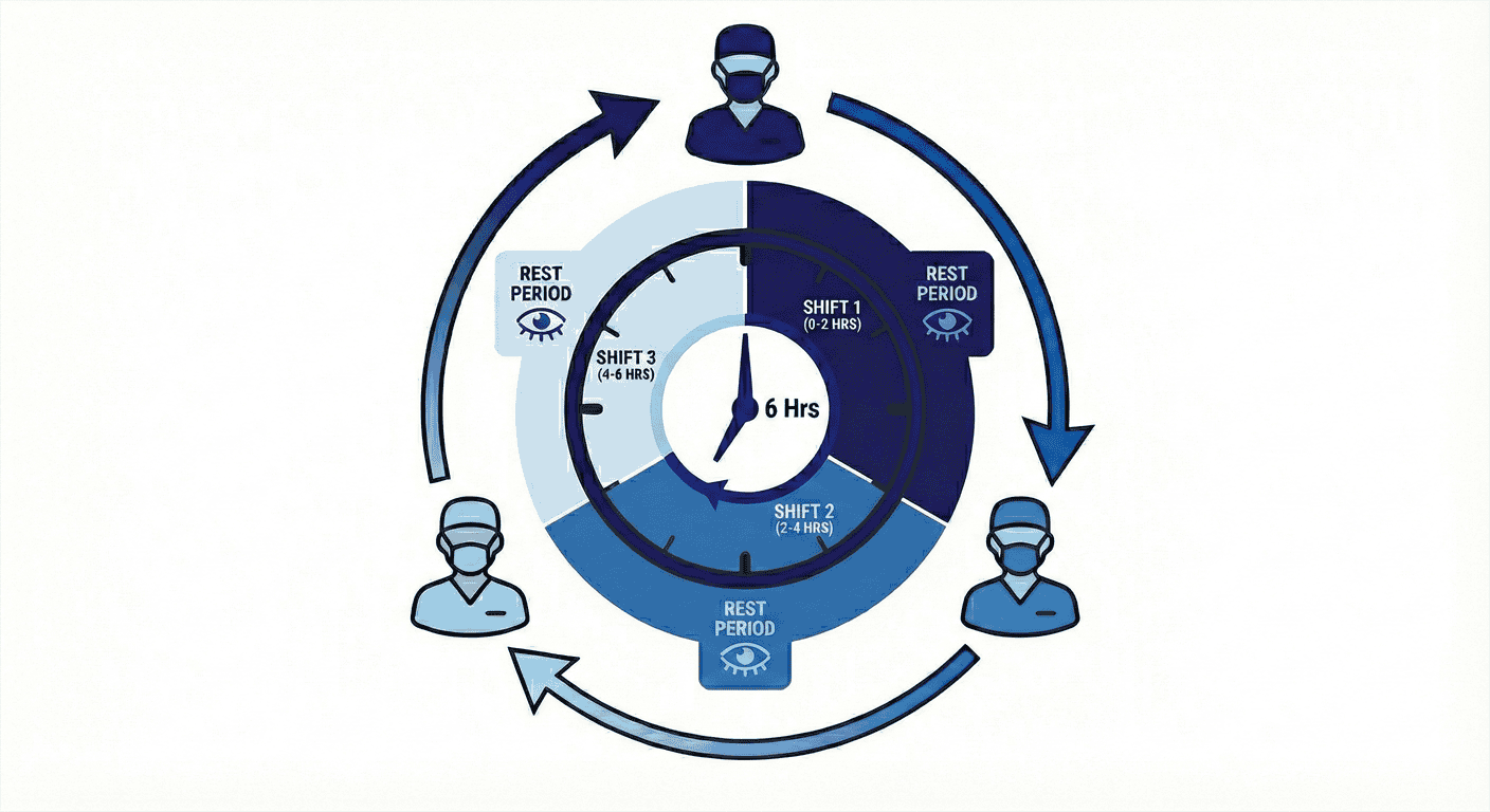 Diagram showing the cycle of hair transplant surgery with shifts and rest periods.