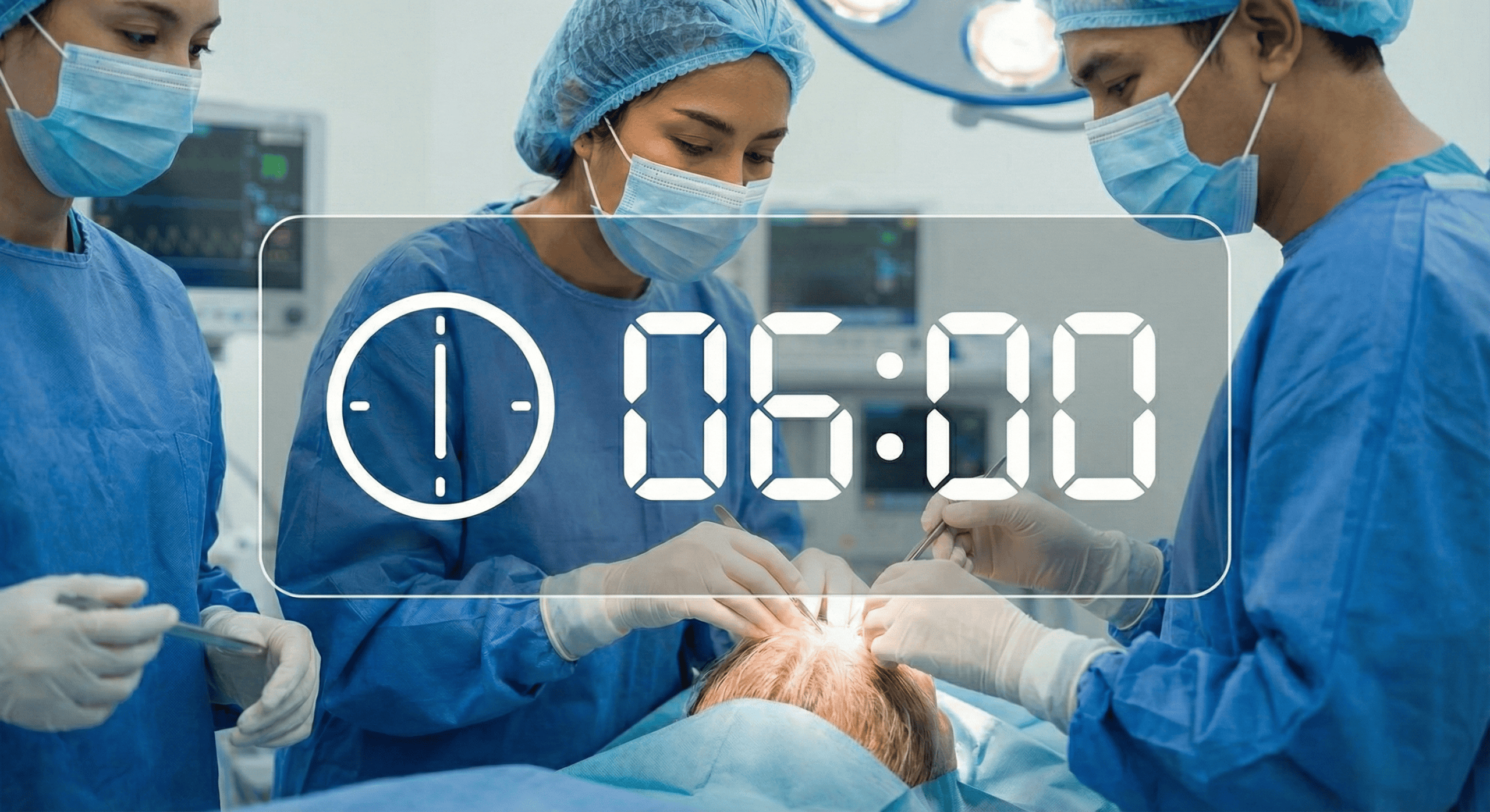 Surgeons performing hair transplant with precise timing in a clinical setting.