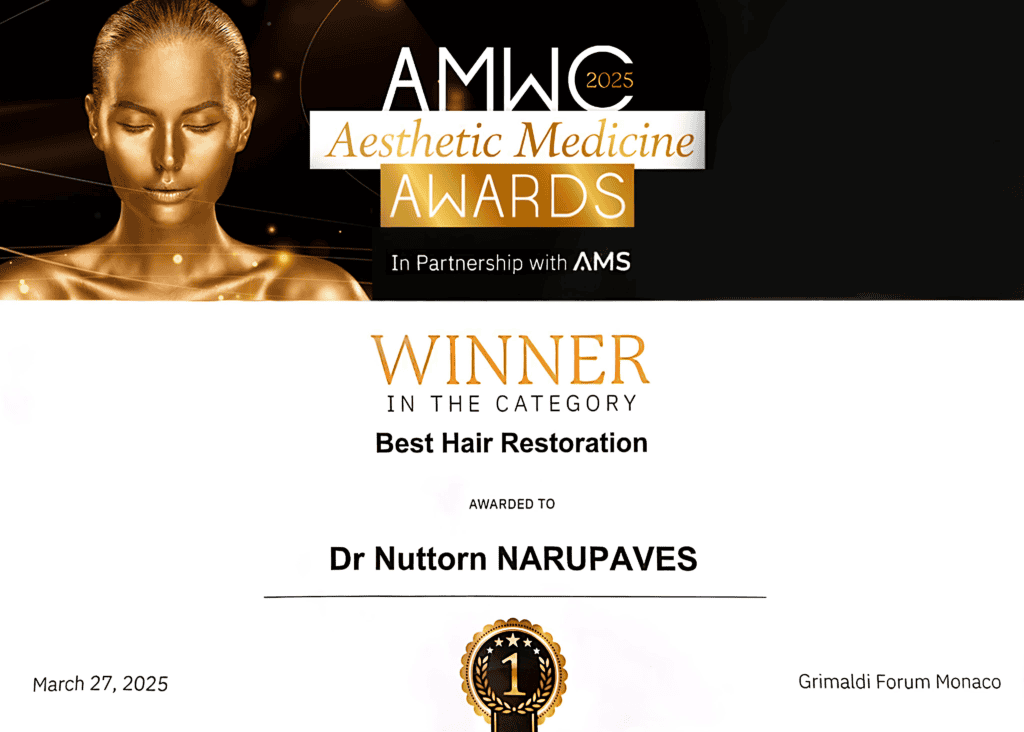 Award-winning hair restoration by Nuttorn Hair Centre, recognized at AMWC 2025 for excellence in aes.