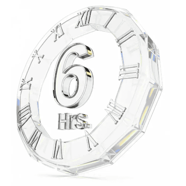 Elegant crystal clock with "6 Hrs" inscription for hair treatment timing.