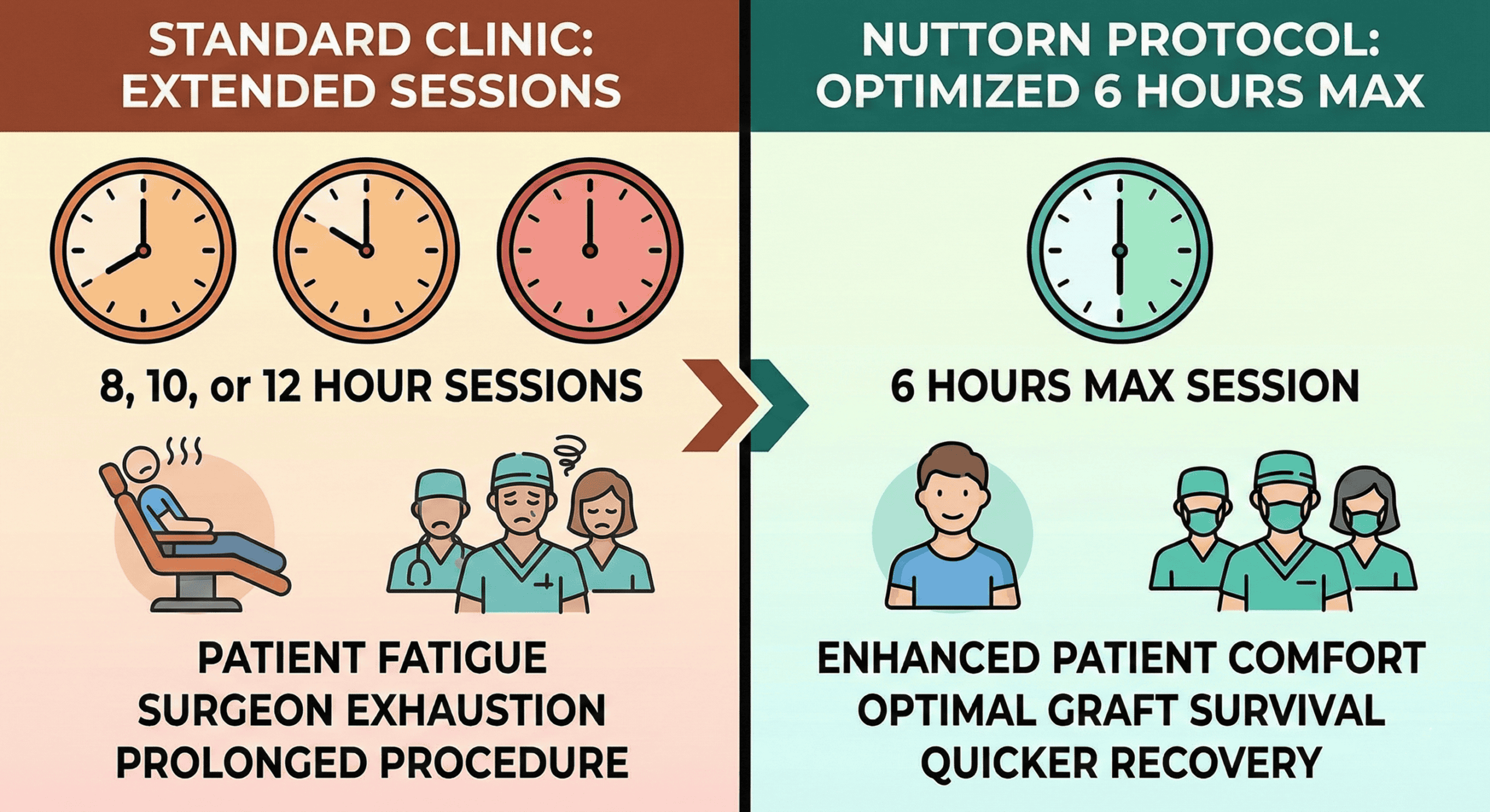 Hair transplant clinic with extended 8-12 hour sessions for patient comfort.